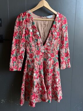 Lovers + Friends Embroidered Floral V-Neck Dress in Pink and Green